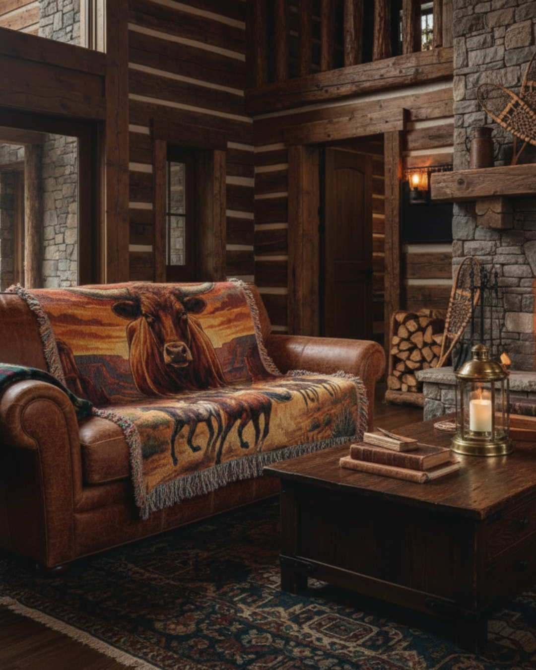 Majestic Longhorn Western Woven Blanket – Wild Horses & Cowboy Canyon Art Throw, Rustic Southwest Home Décor
