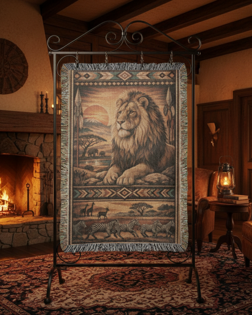 Heirloom Lion Woven Blanket – Lodge & Safari Inspired Textile Throw Nature Gifts