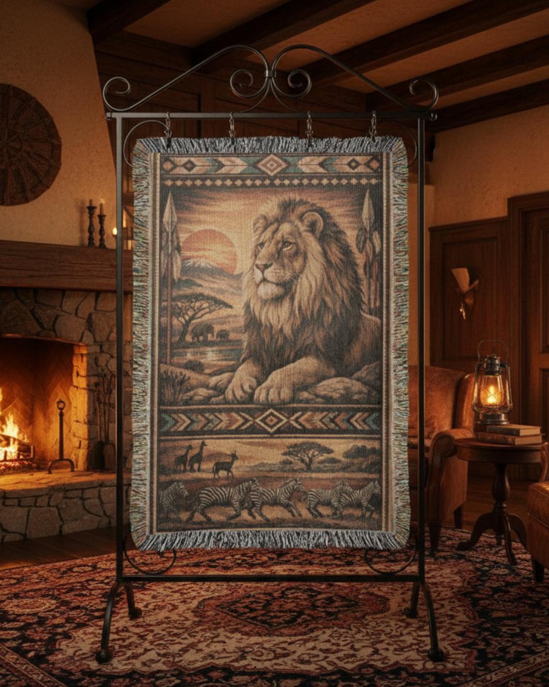 Heirloom Lion Woven Blanket – Lodge & Safari Inspired Textile Throw Nature Gifts