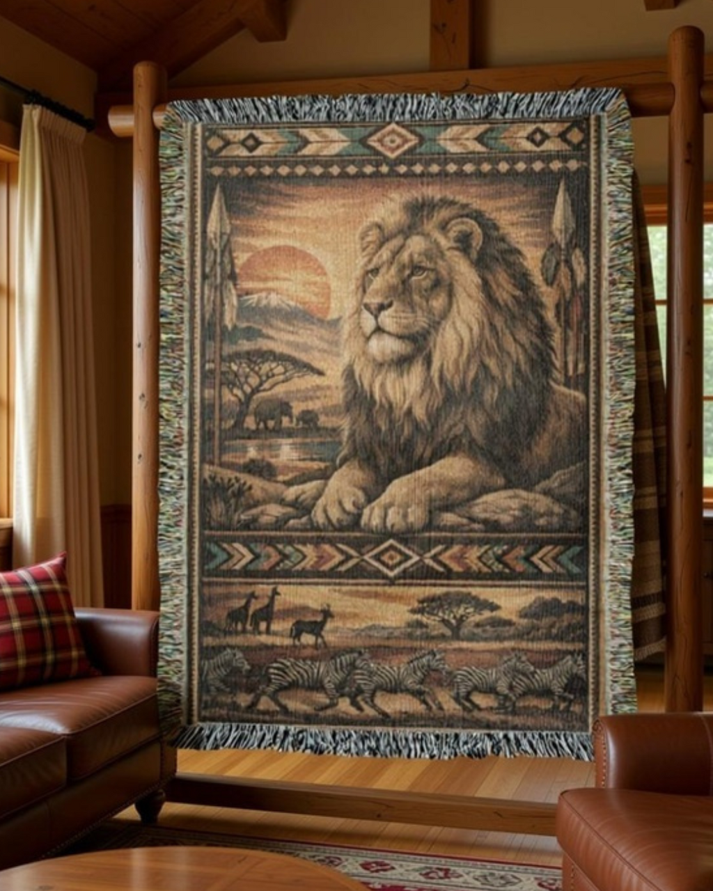 Heirloom Lion Woven Blanket – Lodge & Safari Inspired Textile Throw Nature Gifts