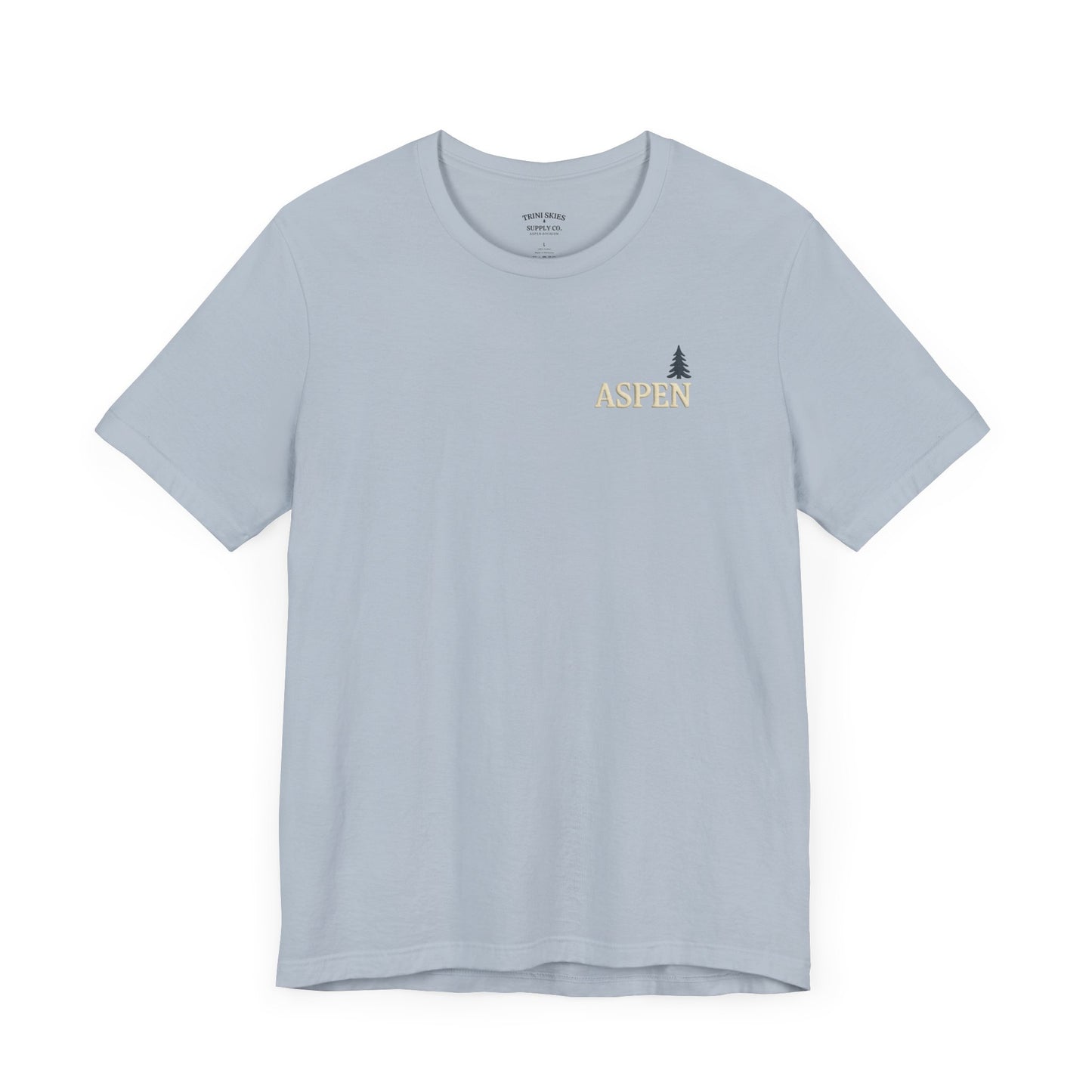 Aspen Skiing Division DTG Graphic Tee Mountain Back Print with Minimal Front Hiking, Camping, Travel