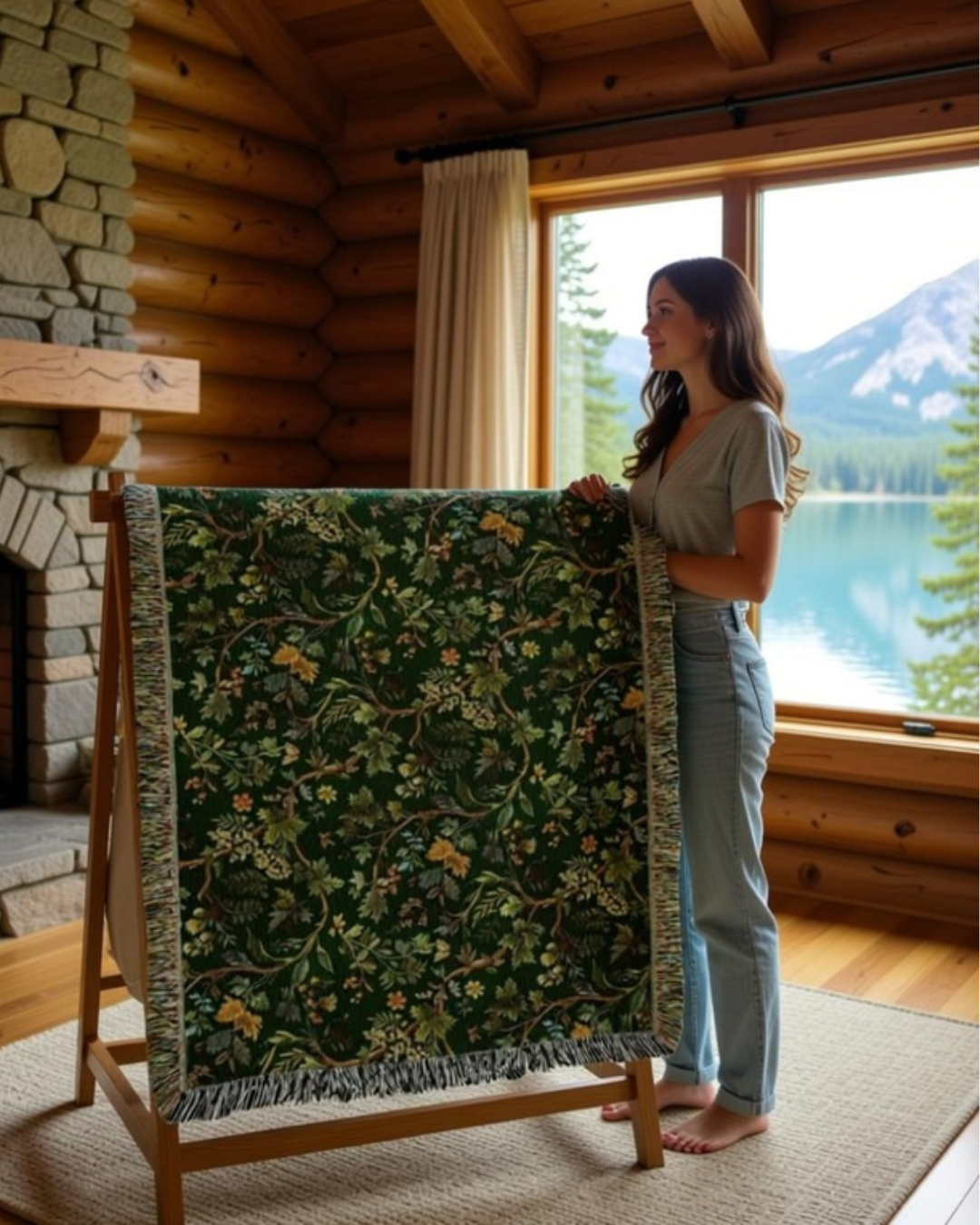 Forest Woodland Woven Throw Blanket – Botanical Cotton Tapestry with Fringe | Trini Skies