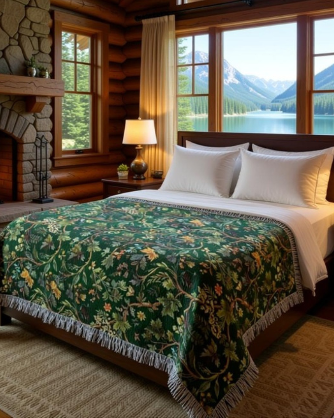 Forest Woodland Woven Throw Blanket – Botanical Cotton Tapestry with Fringe | Trini Skies