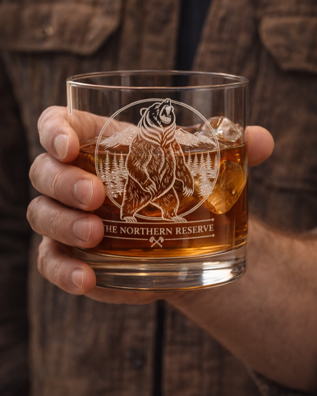 Bear Whiskey Glass - 10.5oz Engraved Rocks Glass Mountain Forest Design
