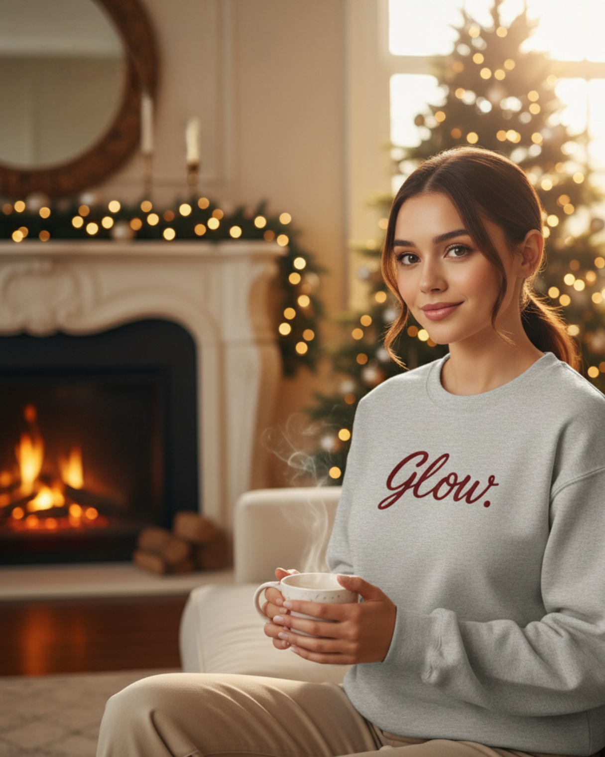 Light blue glow embroidered Christmas sweatshirt with red cursive lettering