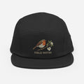 Olive green 5-panel camp hat with robin bird embroidery