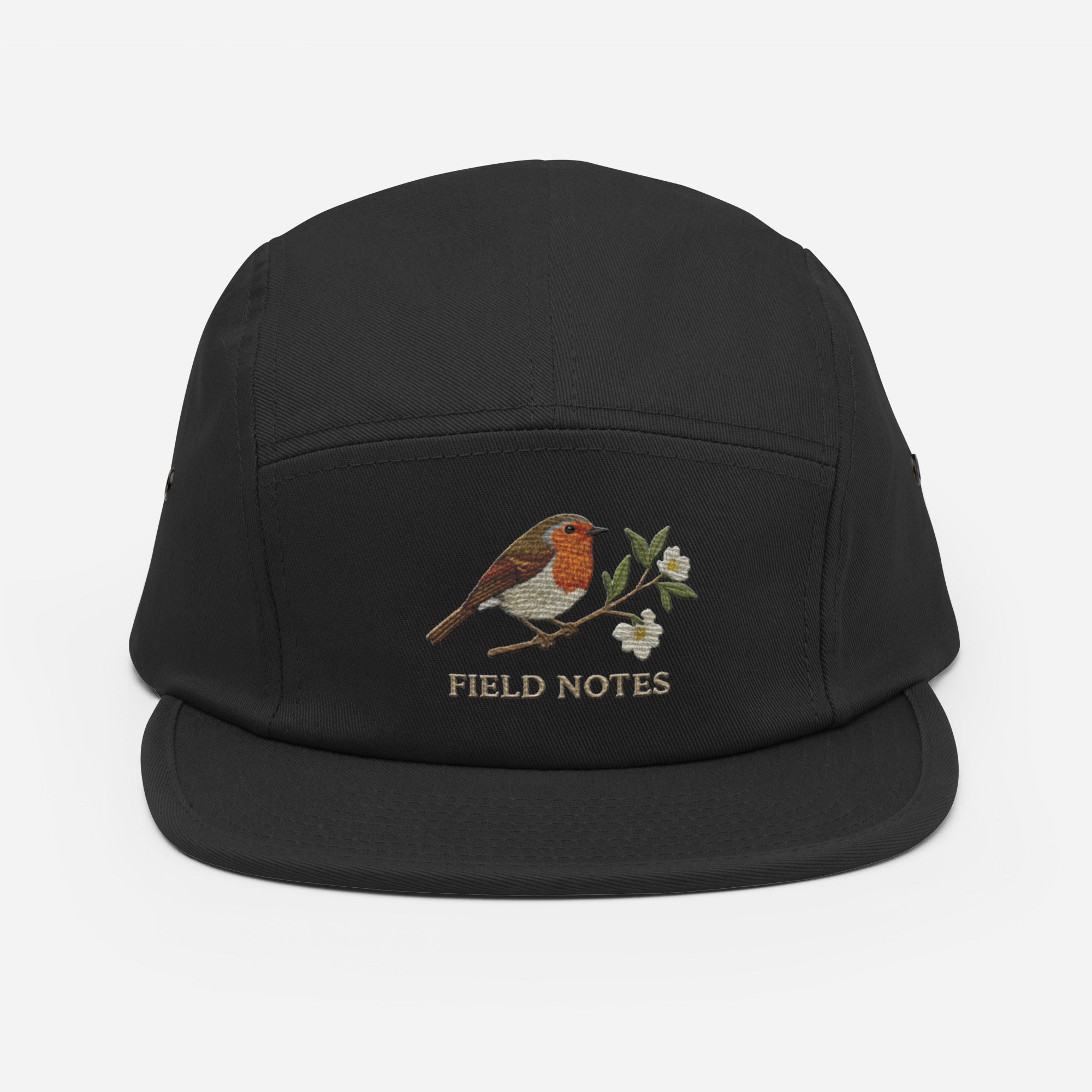 Olive green 5-panel camp hat with robin bird embroidery