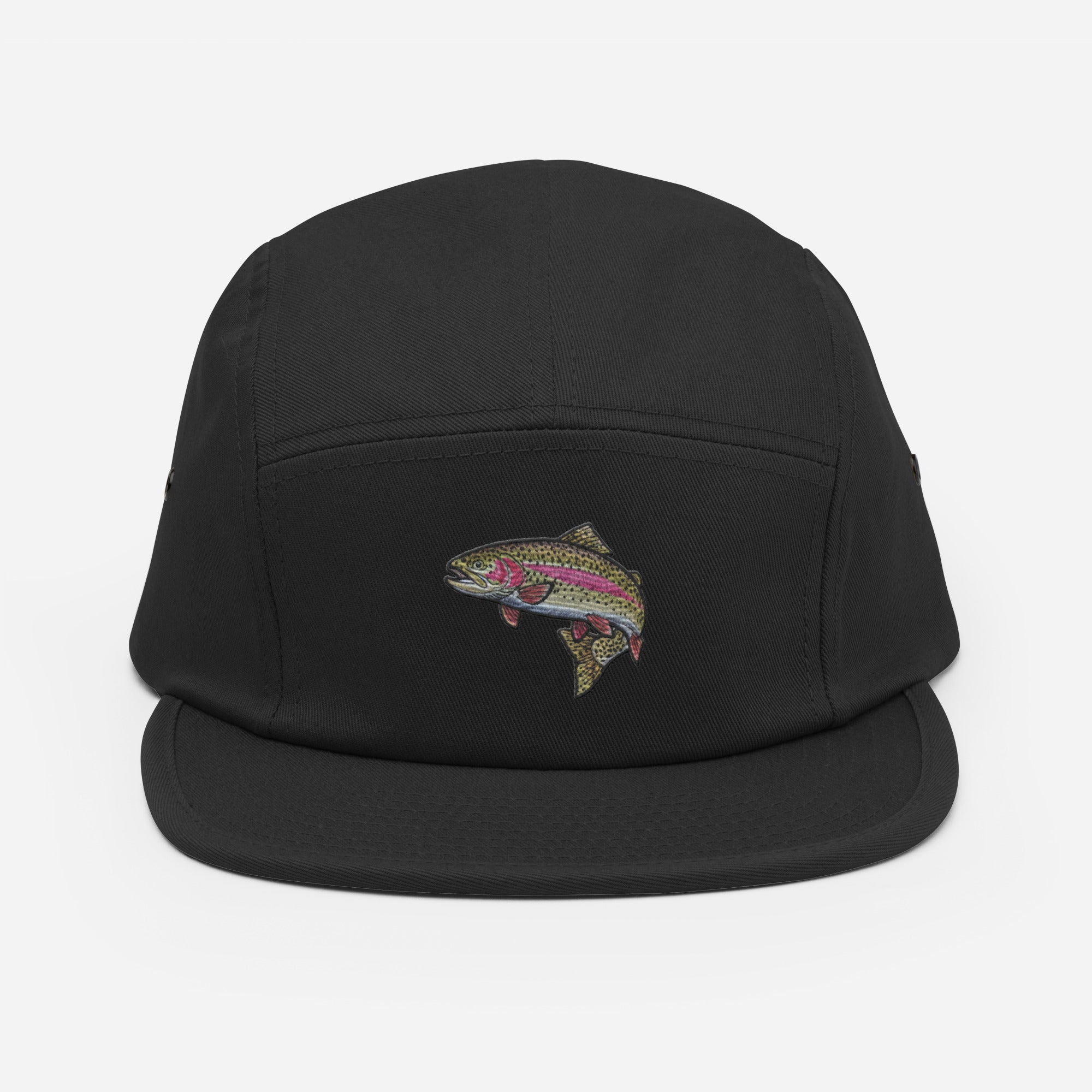 Black rainbow trout embroidered 5-panel fishing hat