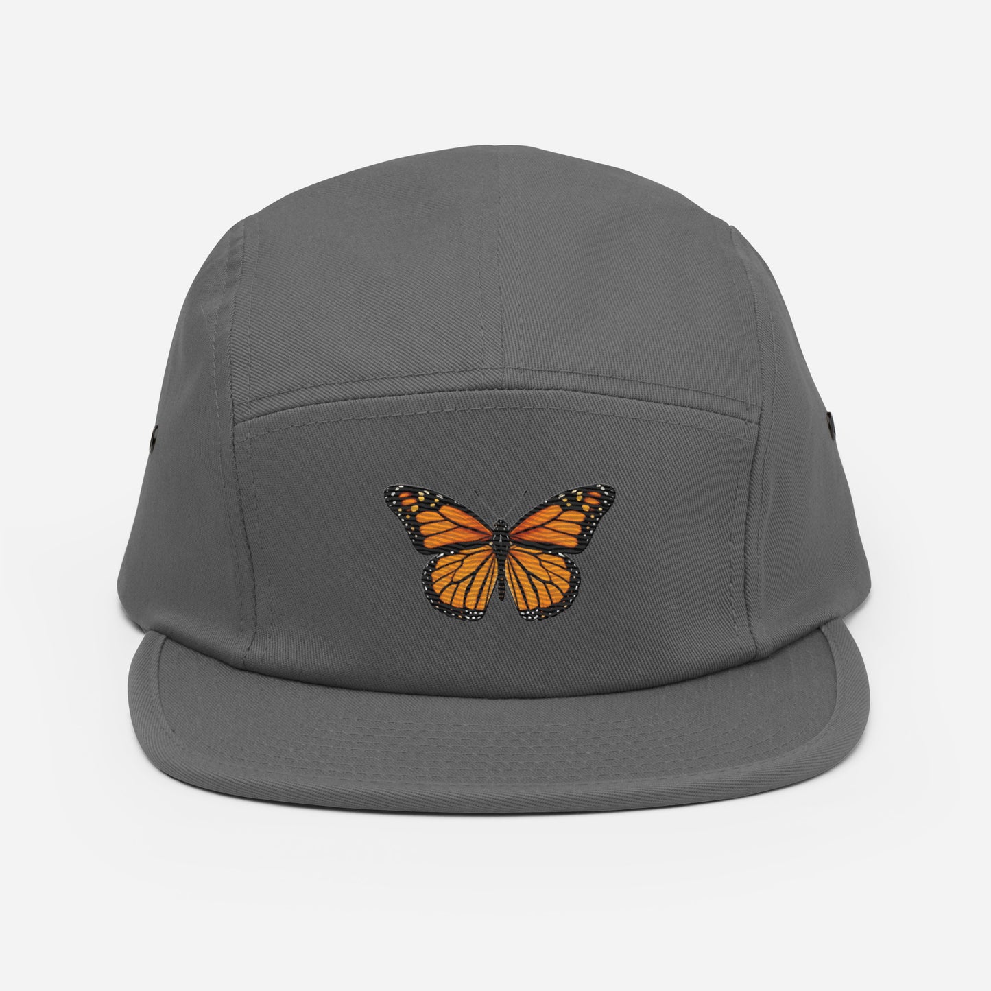 Olive green 5-panel camp hat with monarch butterfly embroidery