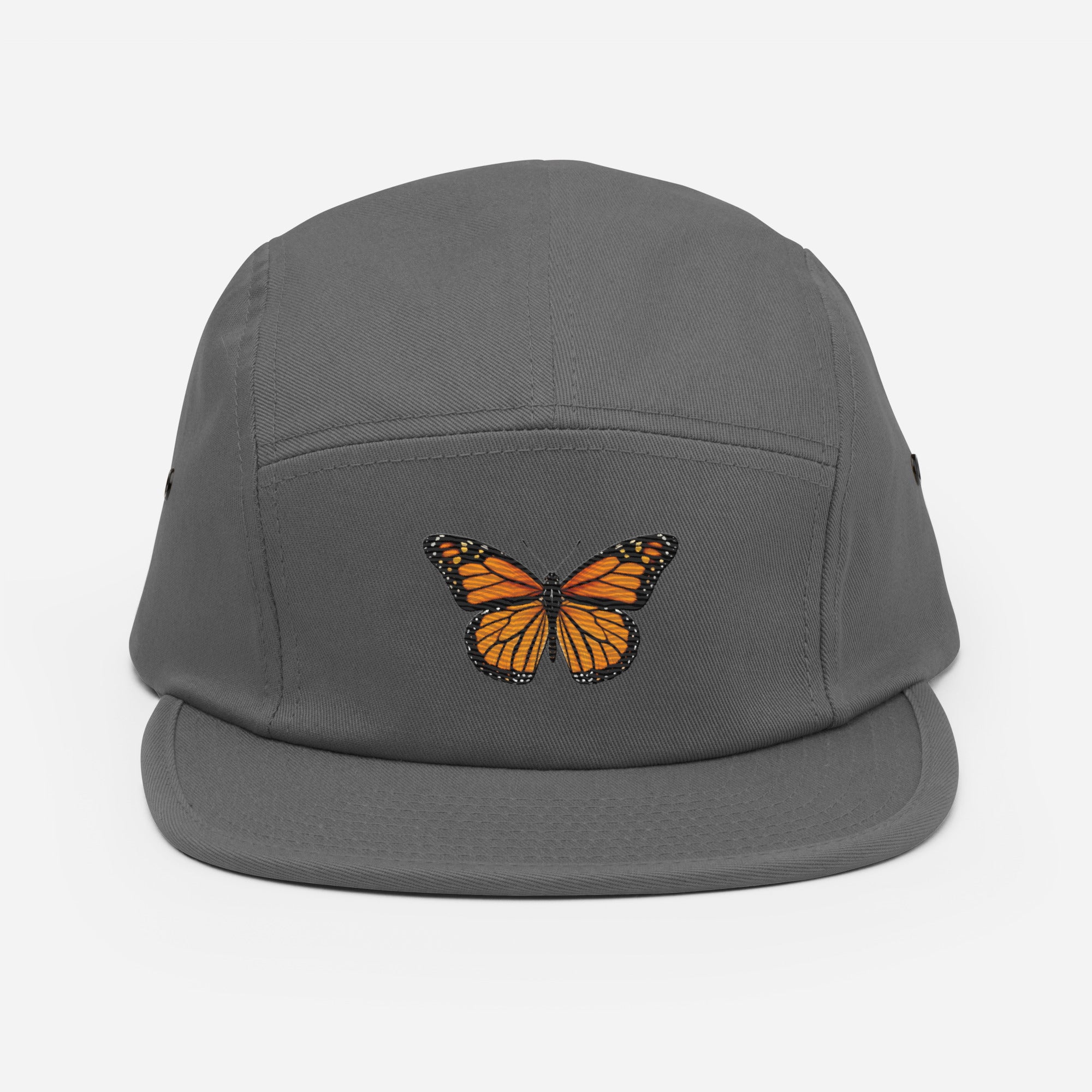 Olive green 5-panel camp hat with monarch butterfly embroidery