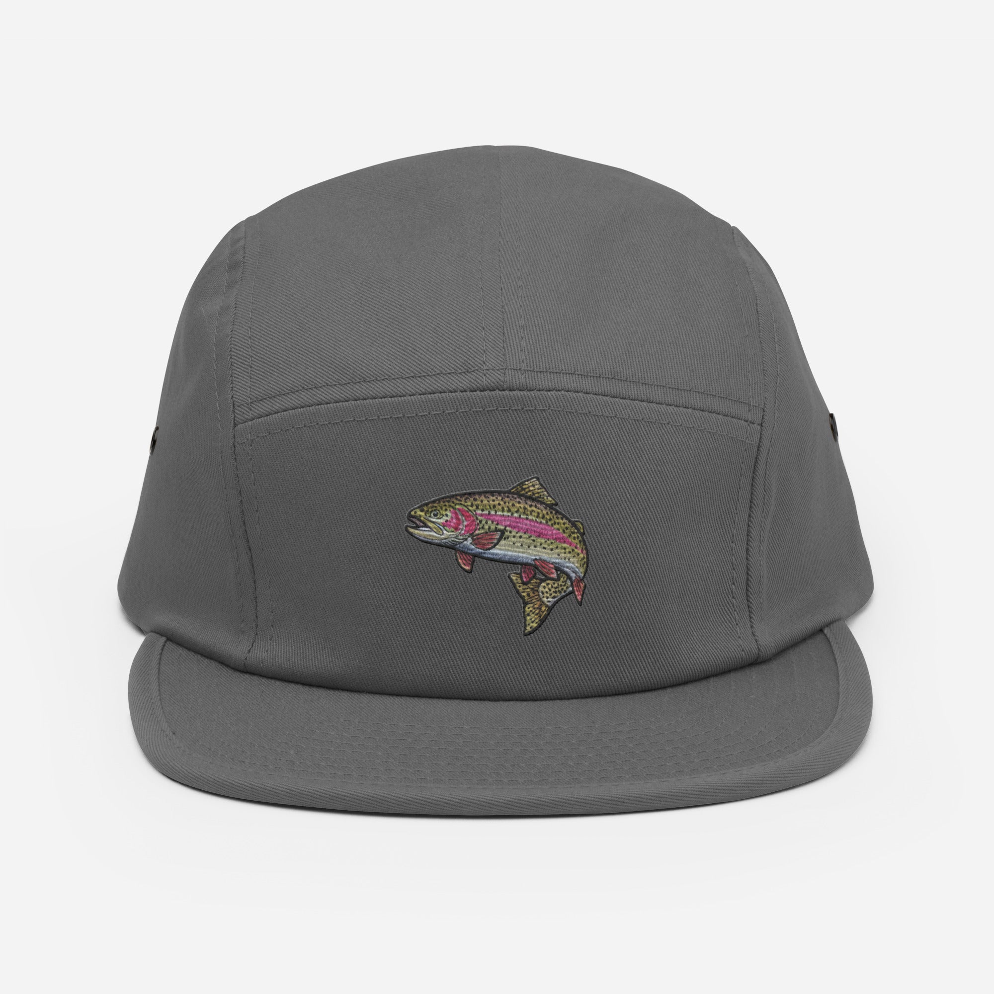 Gray 5-panel rainbow trout fishing hat for anglers