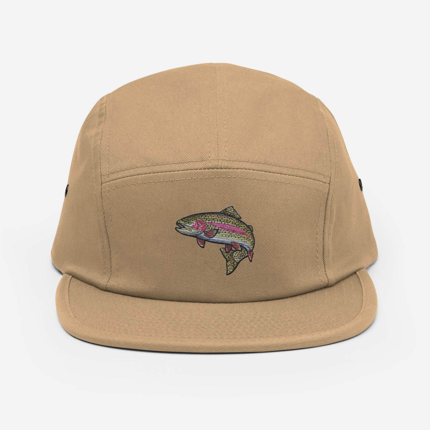 Rainbow trout embroidered 5-panel tan fishing hat