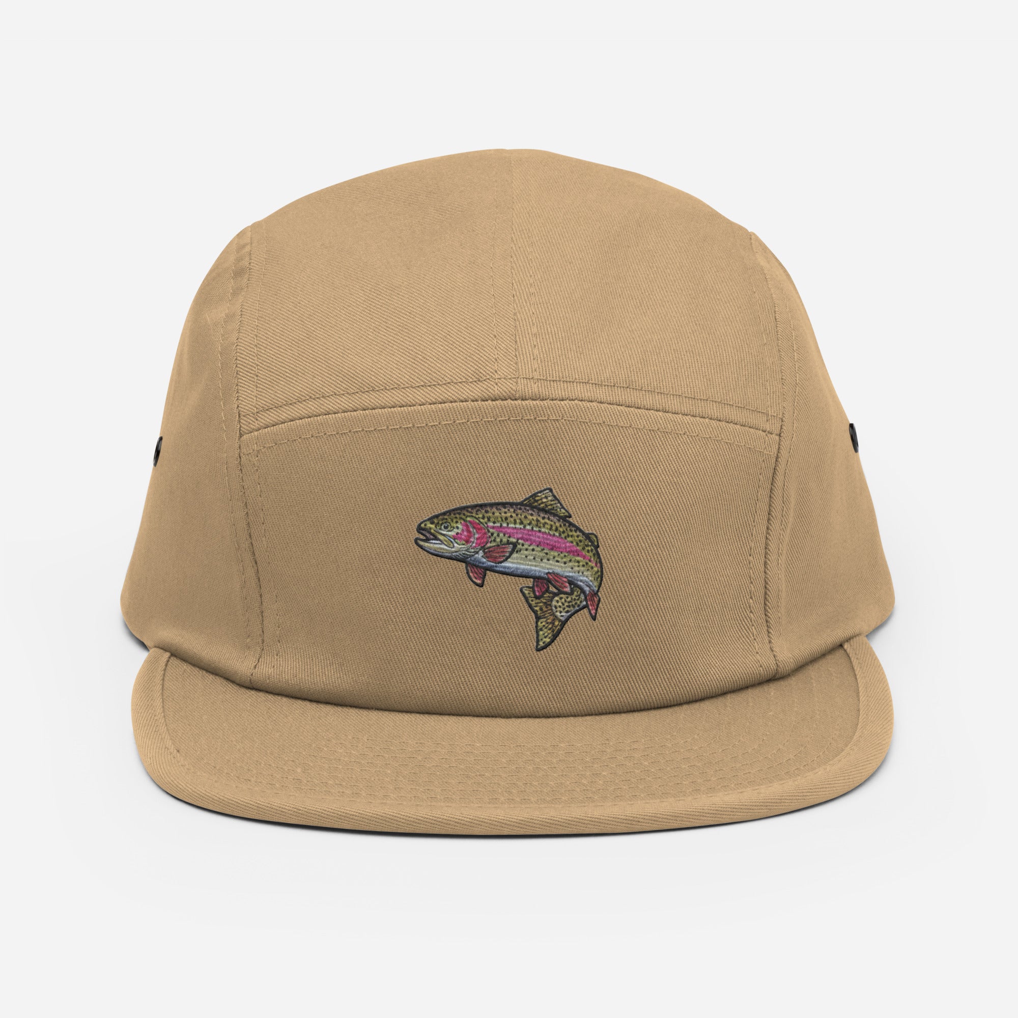 Rainbow trout embroidered 5-panel tan fishing hat