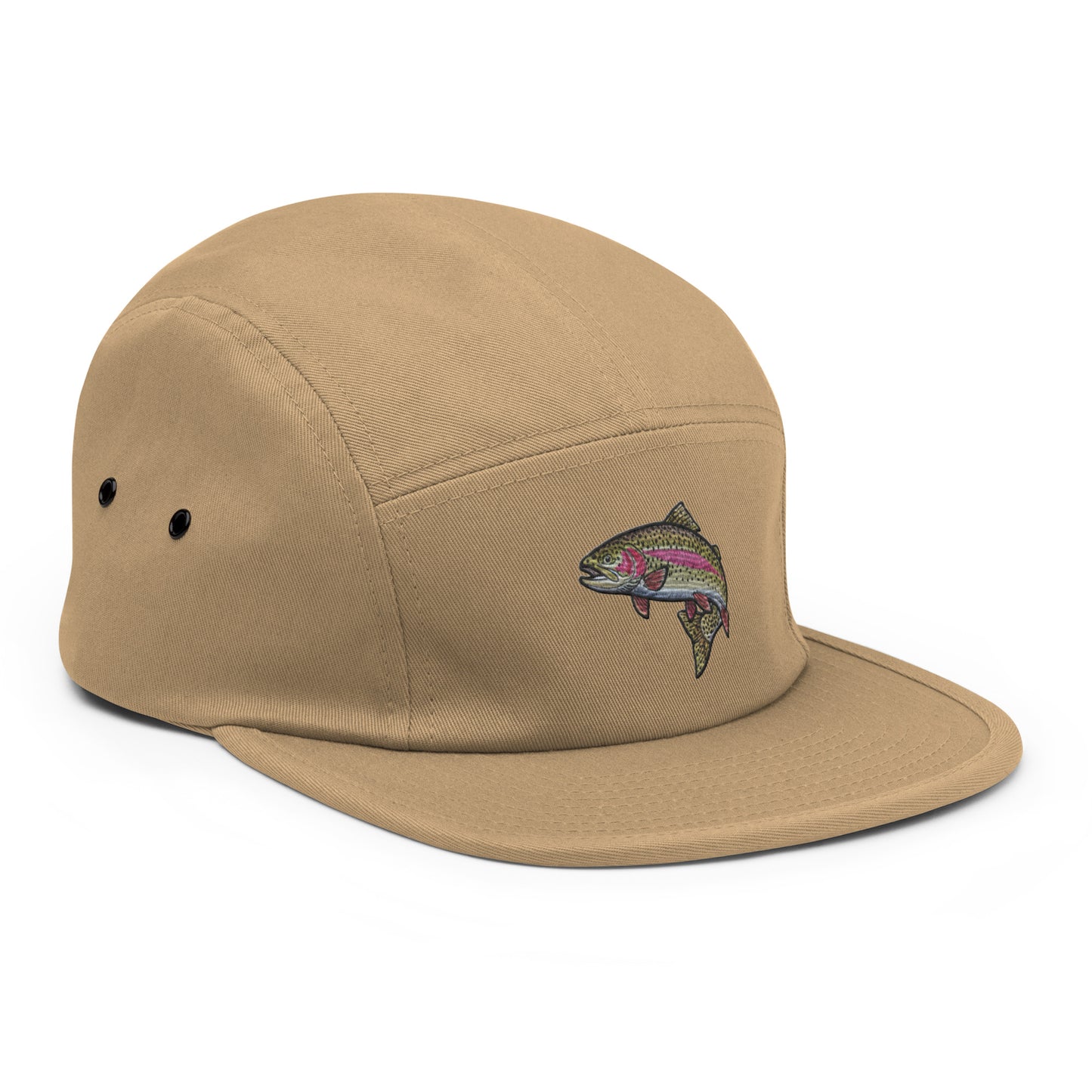 Beige 5-panel rainbow trout fishing hat with embroidered design