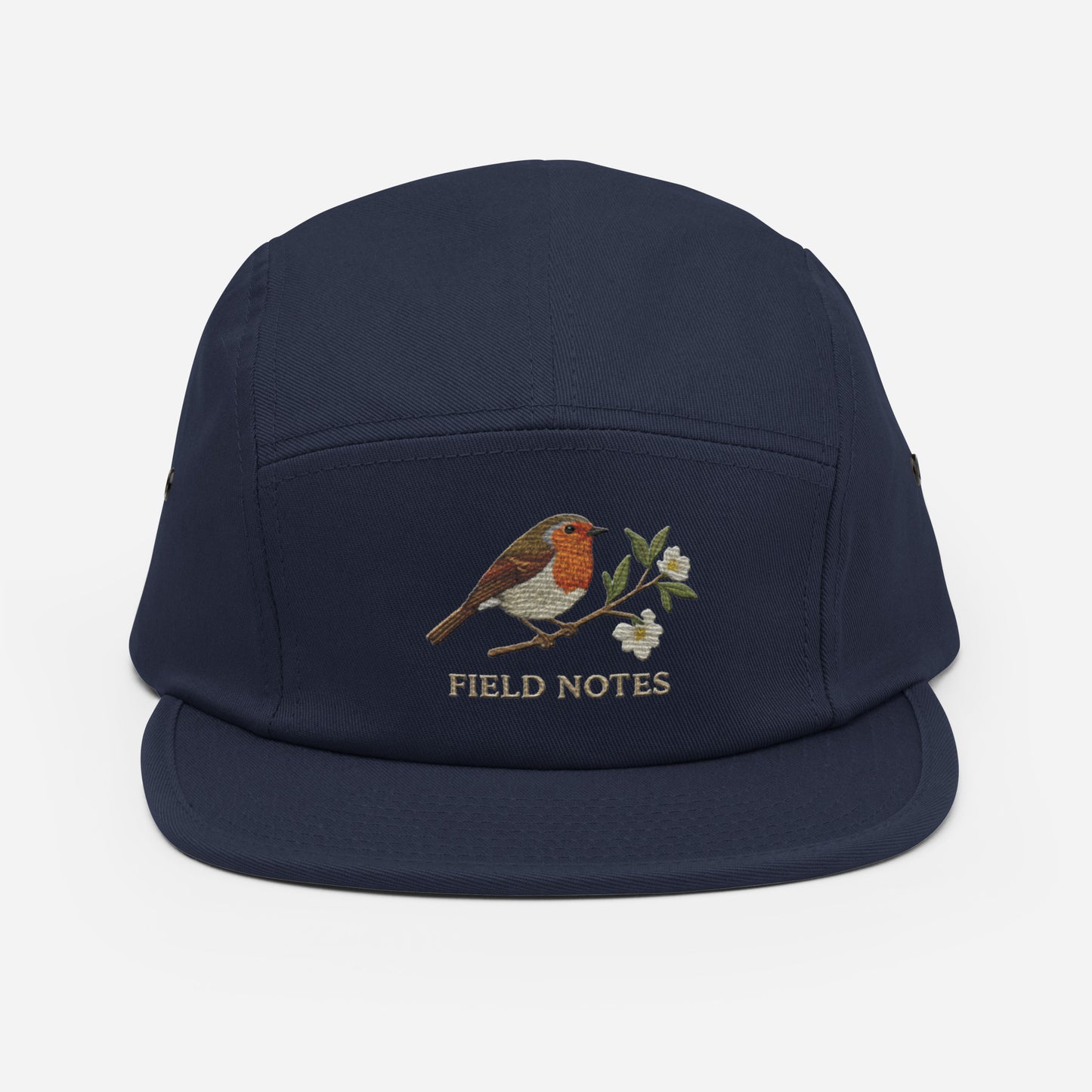 Olive green Trini Skies robin bird embroidered 5-panel camp hat