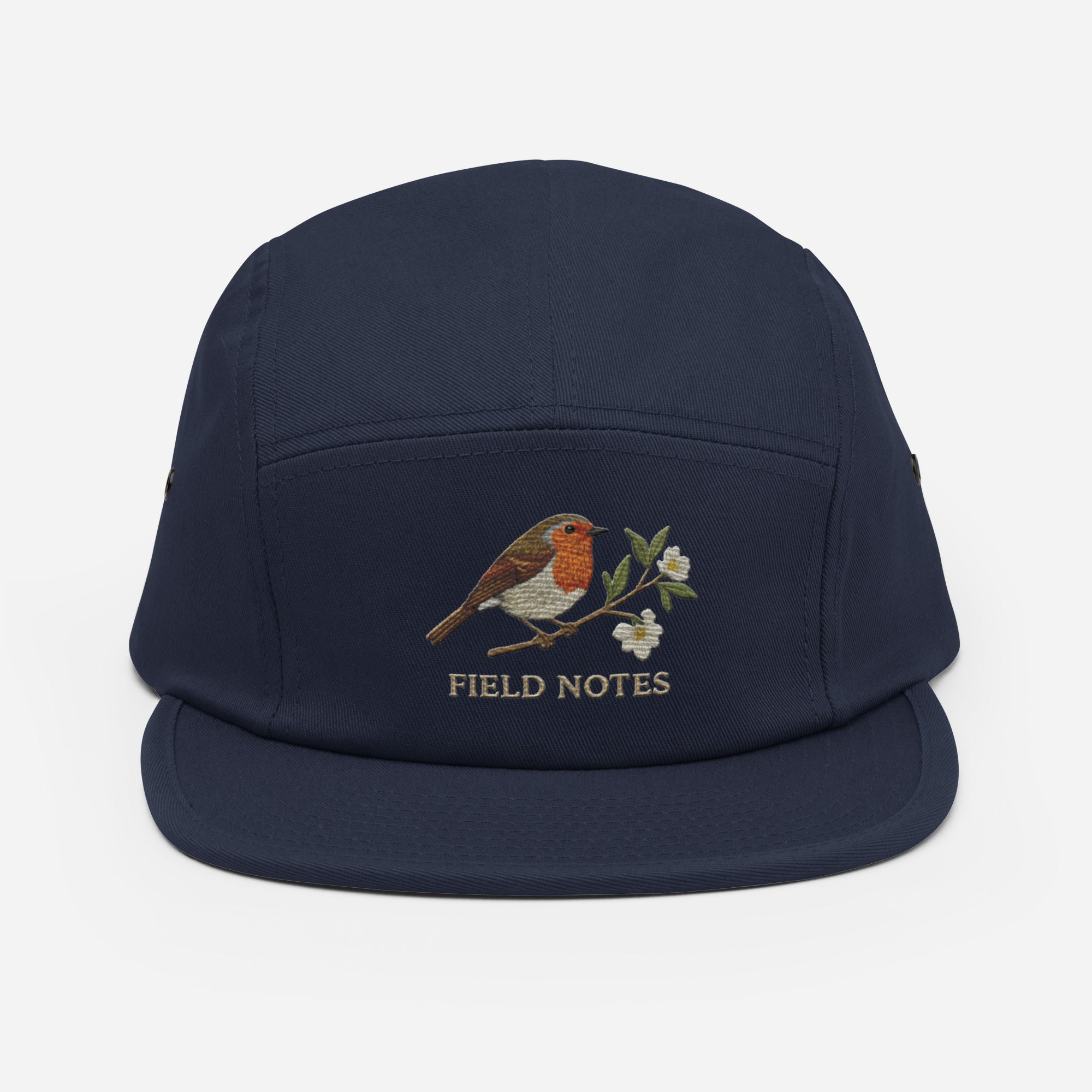 Olive green Trini Skies robin bird embroidered 5-panel camp hat