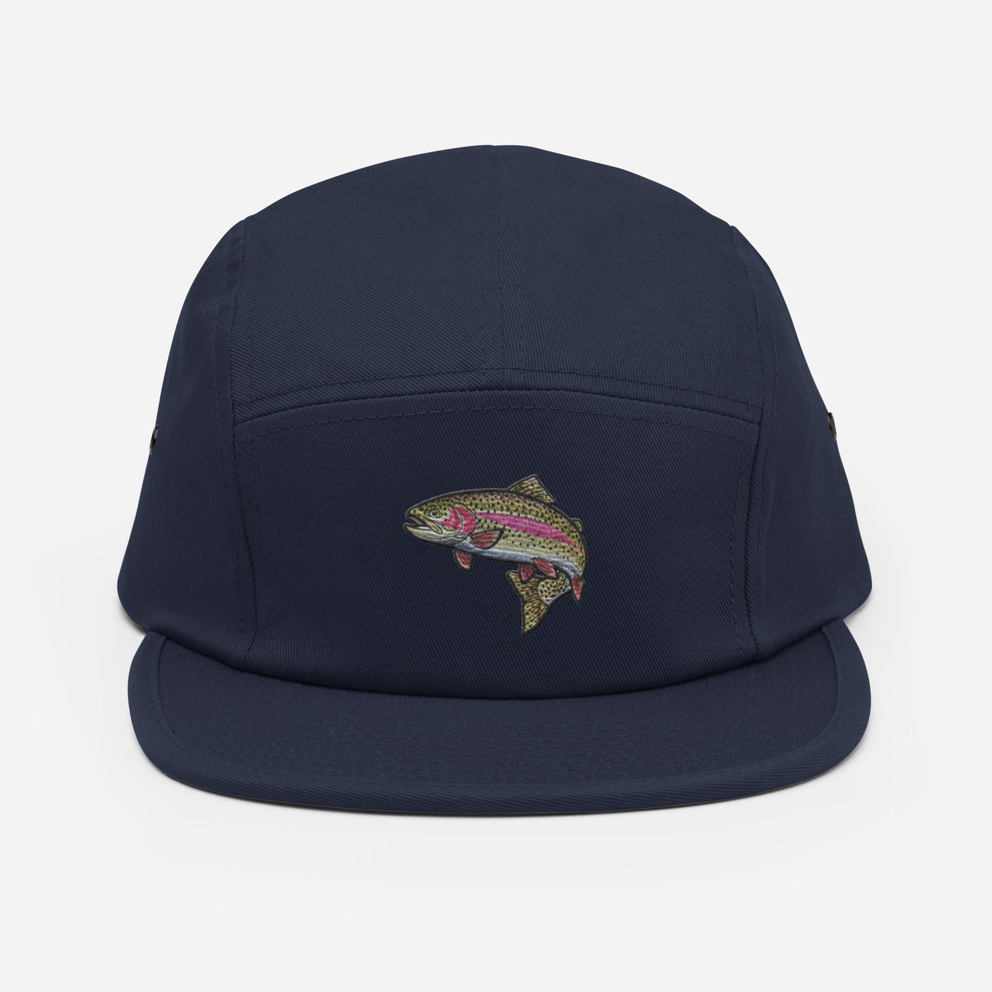 Navy blue rainbow trout embroidered 5-panel fishing hat