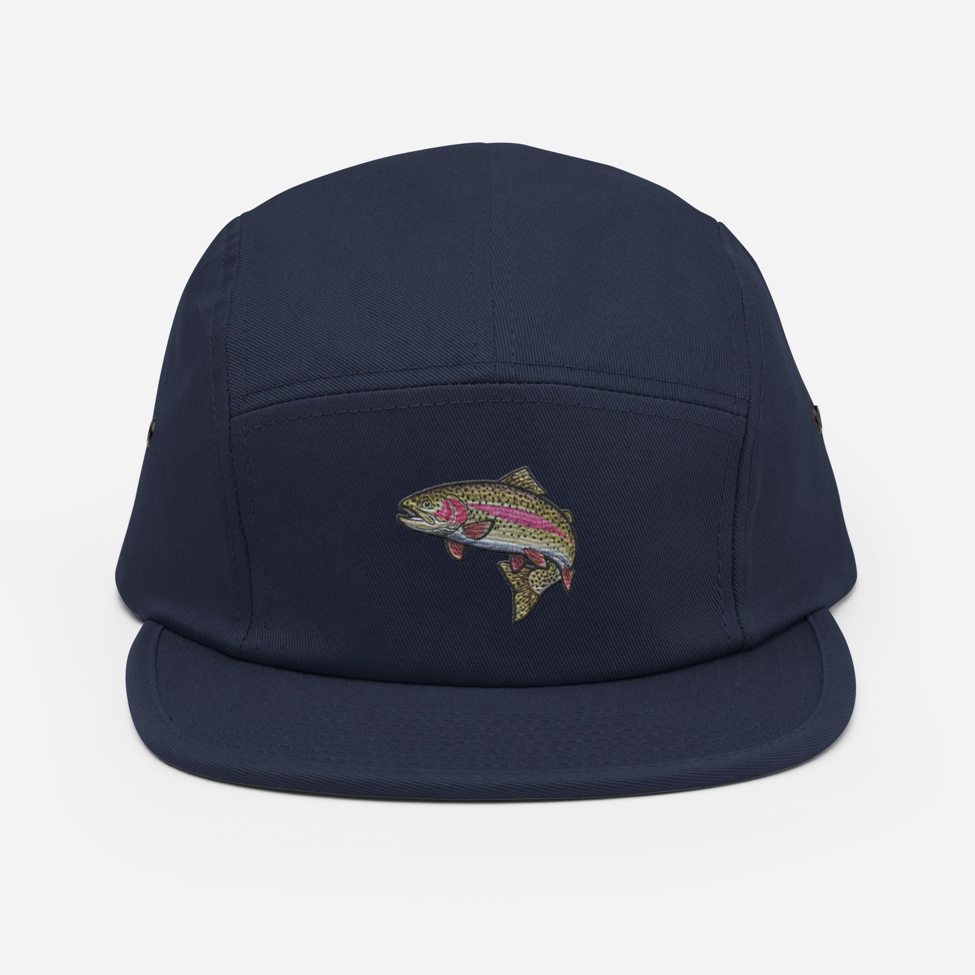Navy blue rainbow trout embroidered 5-panel fishing hat
