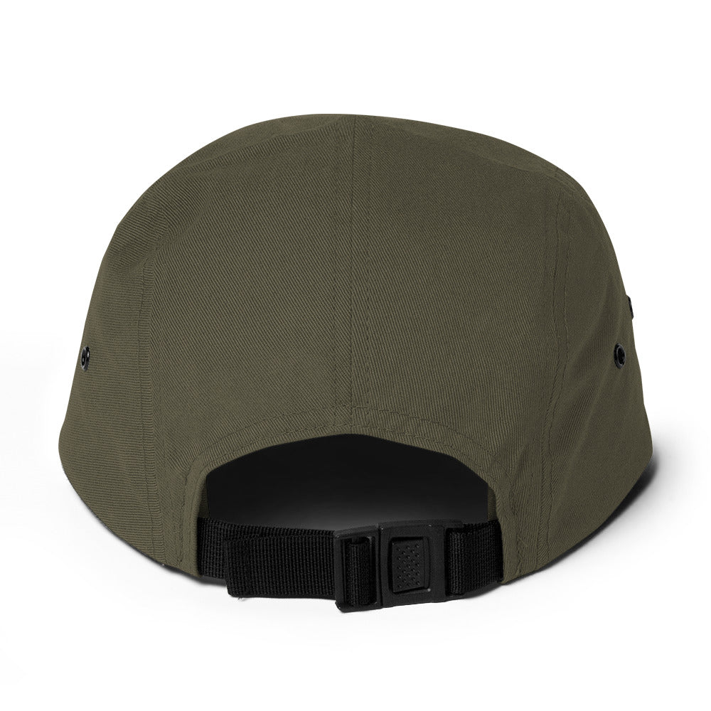 Olive green 5-panel camp hat with embroidered robin bird