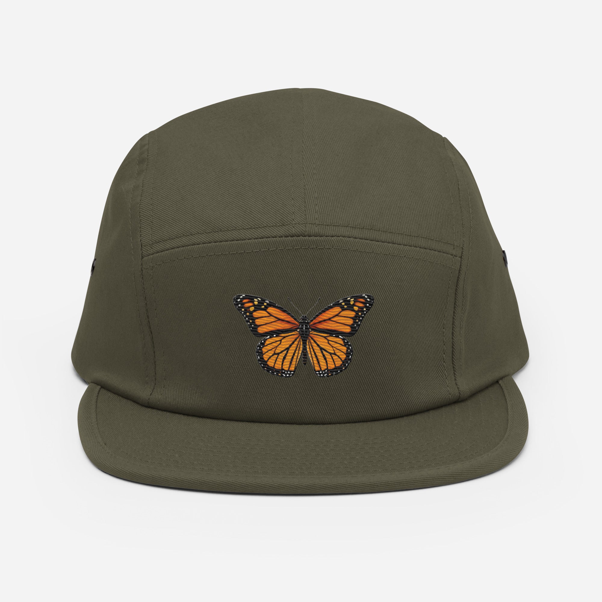 Olive green monarch butterfly embroidered 5-panel camp hat