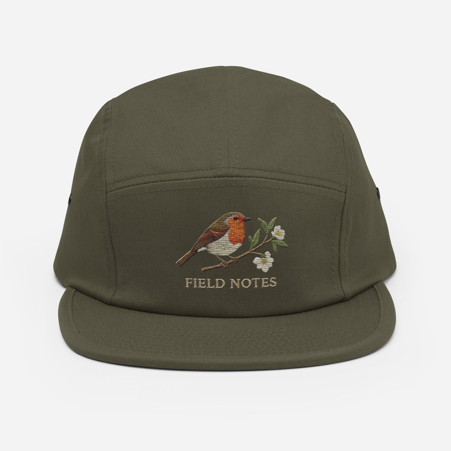 Olive green 5-panel camp hat with embroidered robin bird design