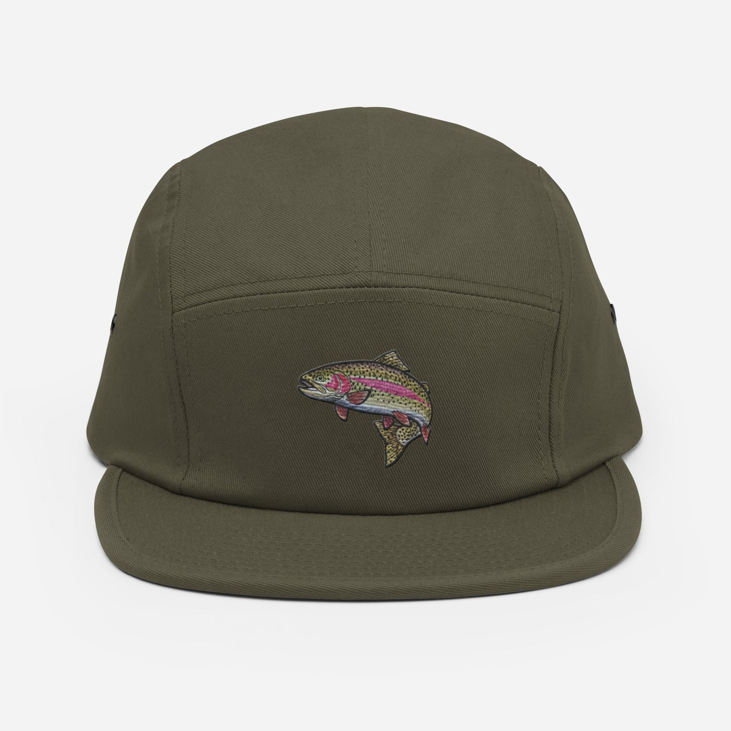 Olive green rainbow trout fishing hat, 5-panel nylon-polyester cap
