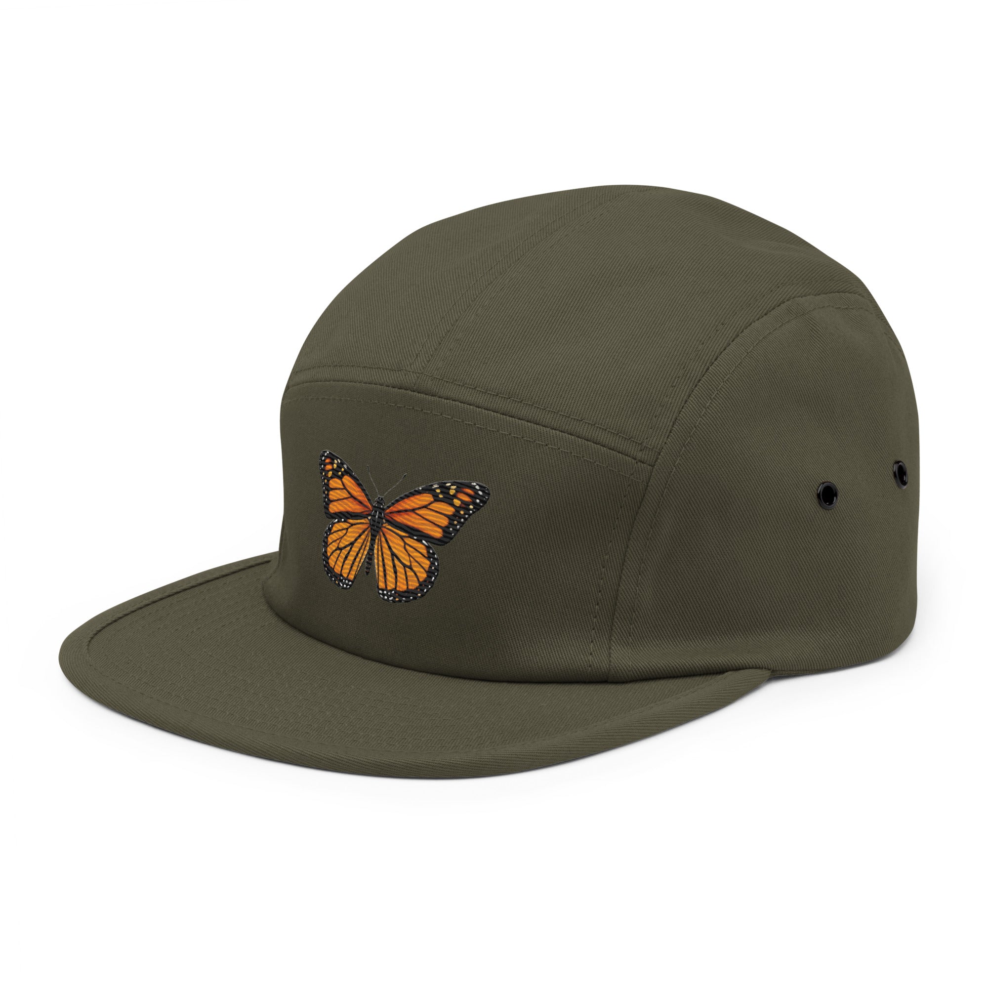 Olive green monarch butterfly embroidered 5-panel camp hat