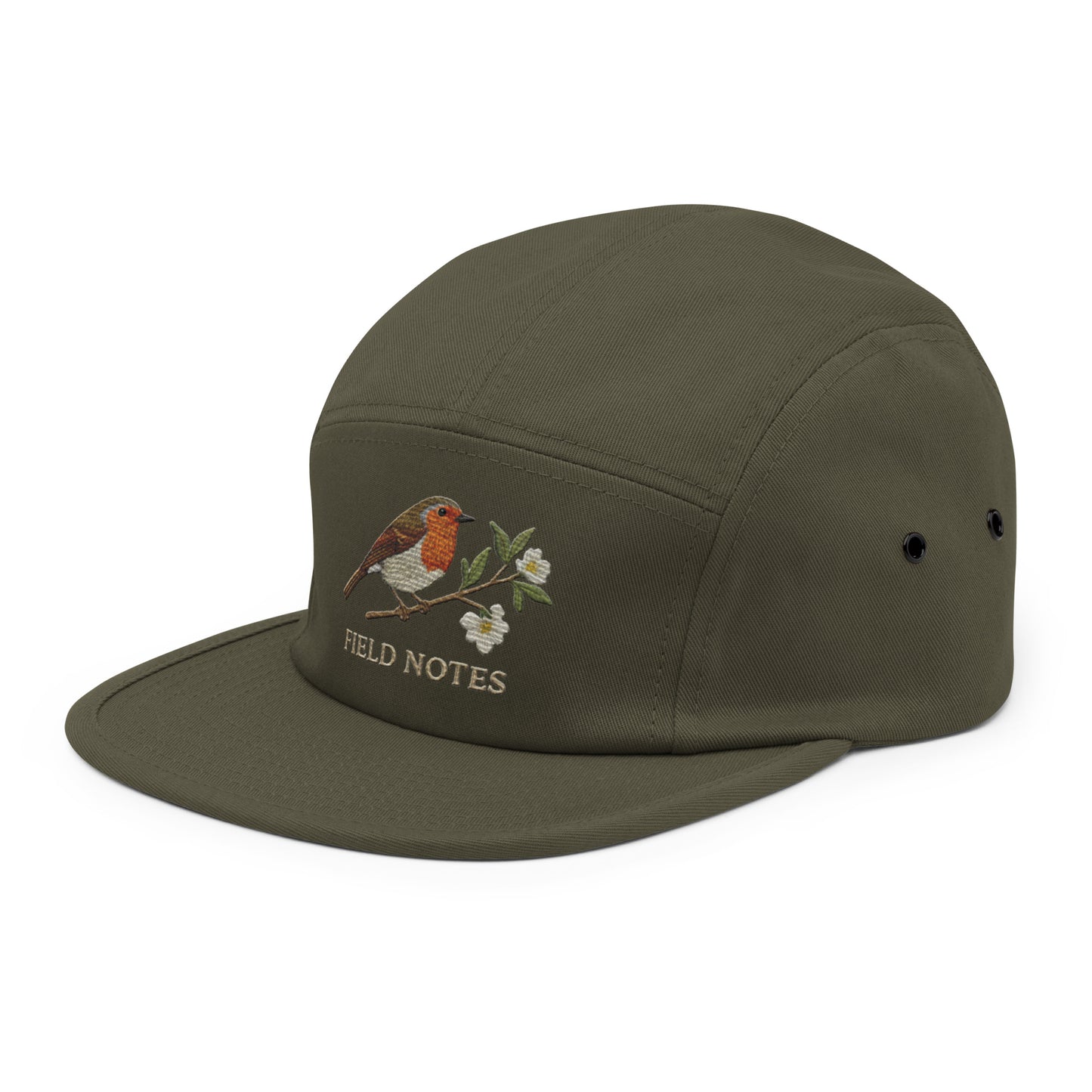 Olive green 5-panel camp hat with embroidered robin bird design