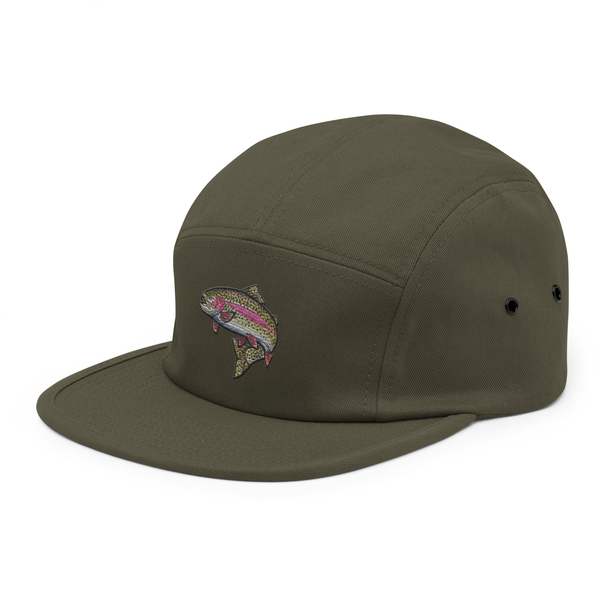 Olive green 5-panel rainbow trout fishing hat with embroidered trout design