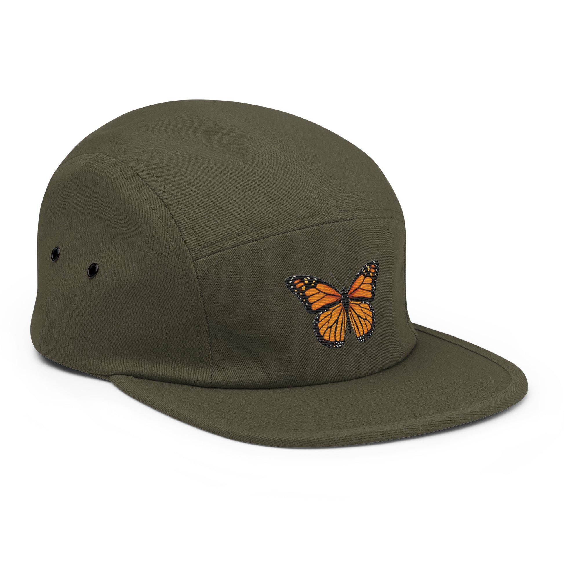 Olive green monarch butterfly embroidered 5-panel camp hat