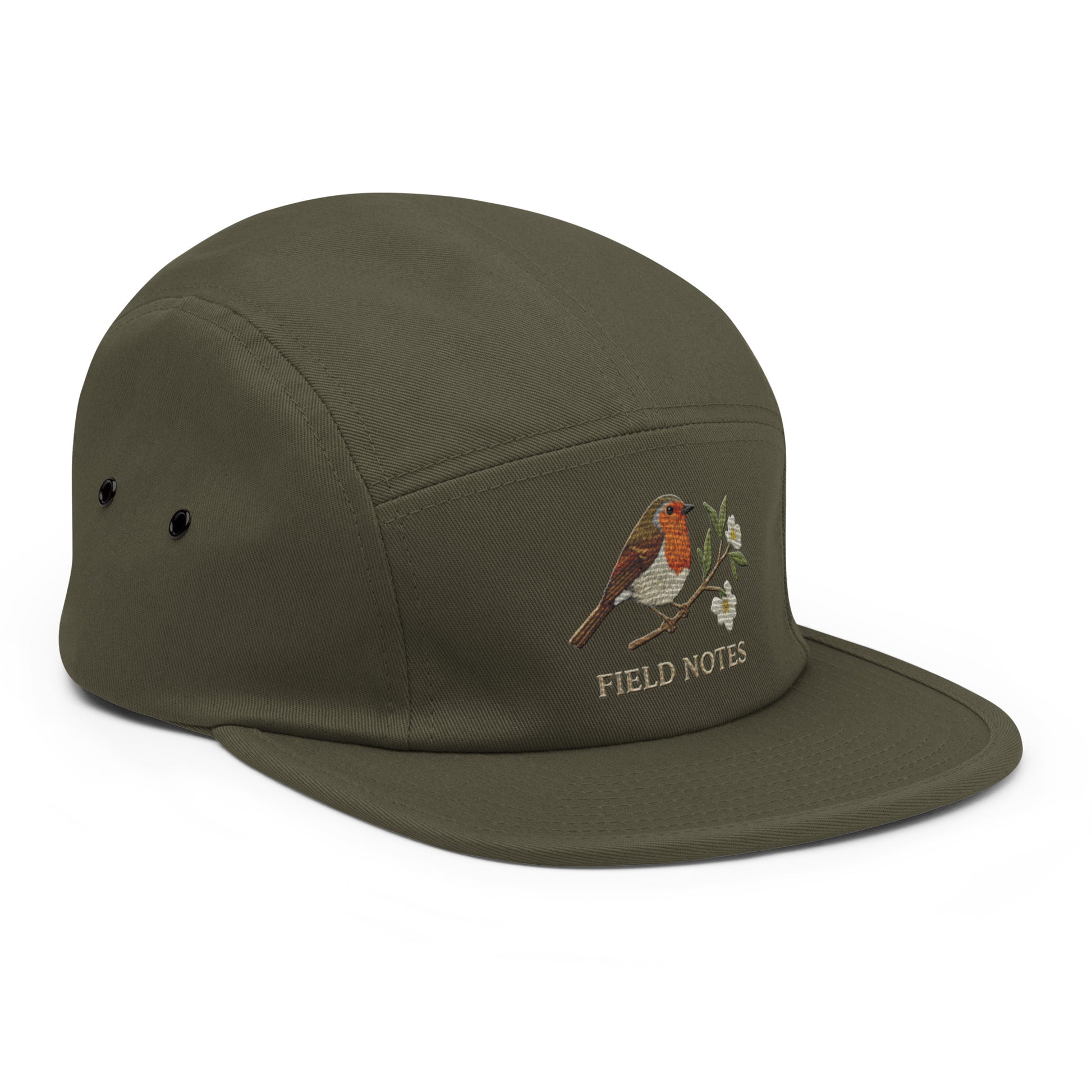 Olive green robin bird embroidered 5-panel Trini Skies camp hat