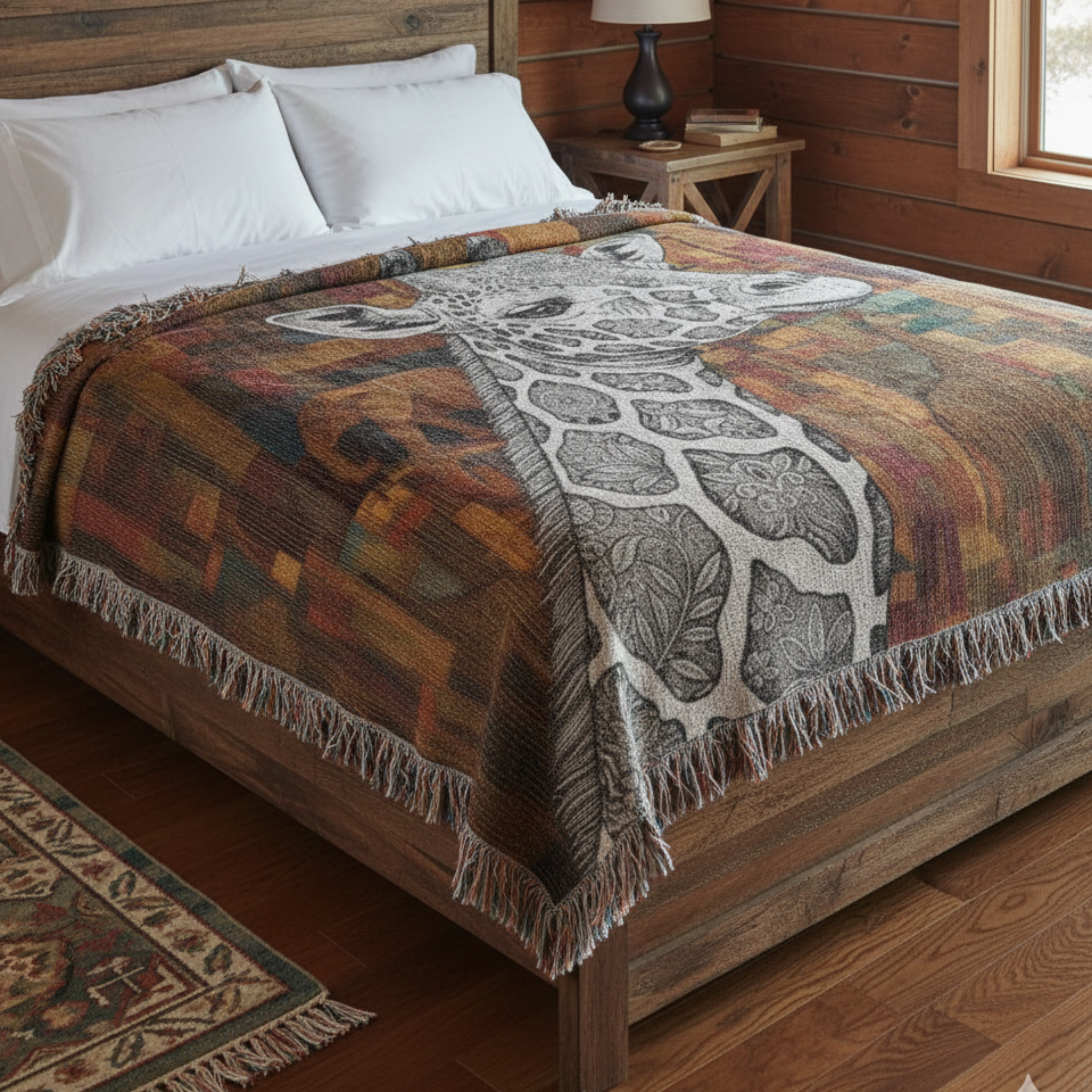 Artistic Giraffe Woven Blanket – Tribal Mosaic Safari Design, African Lodge Décor Textile Art Throw