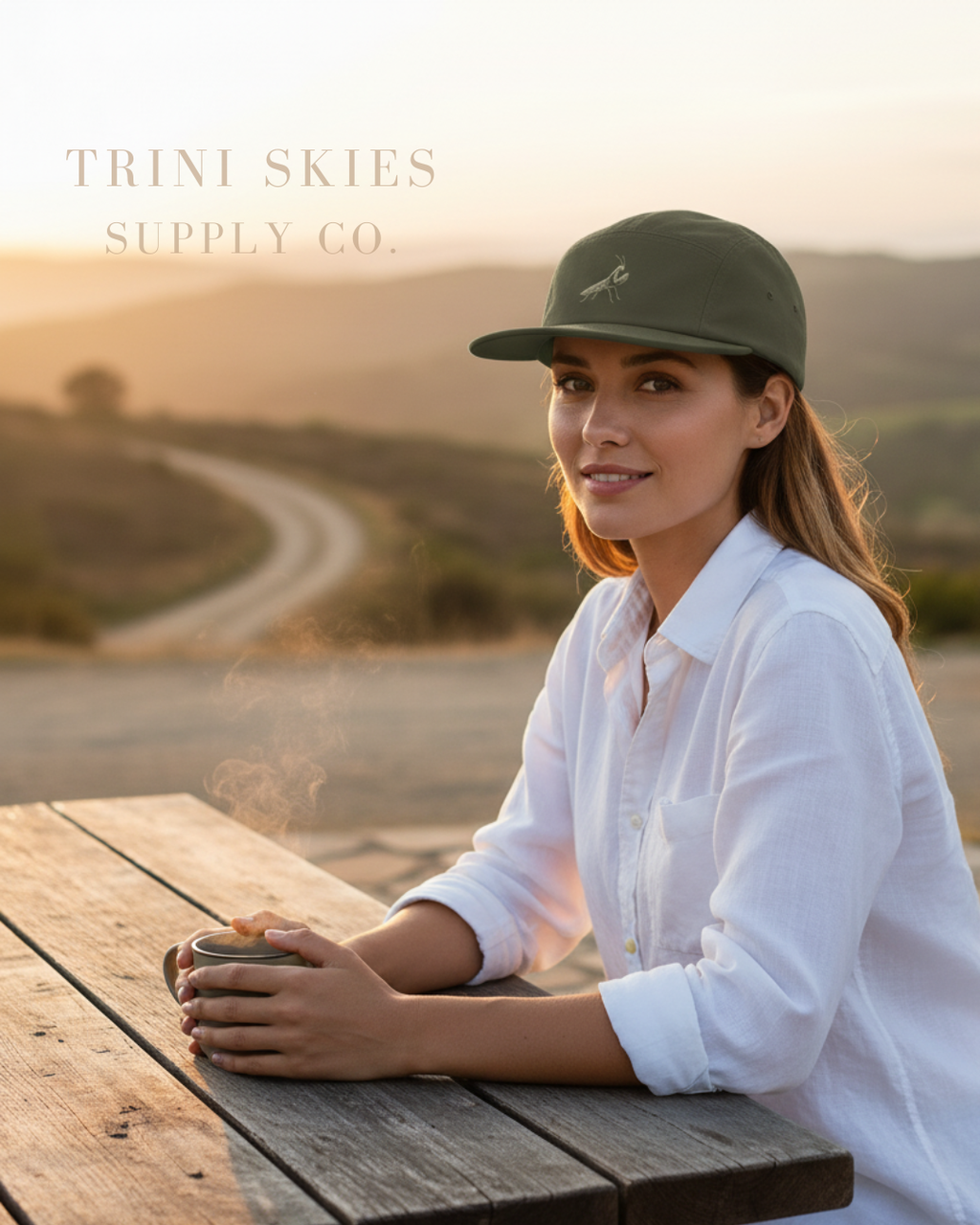 Praying mantis embroidered olive green five panel cap by Trini Skies Supply