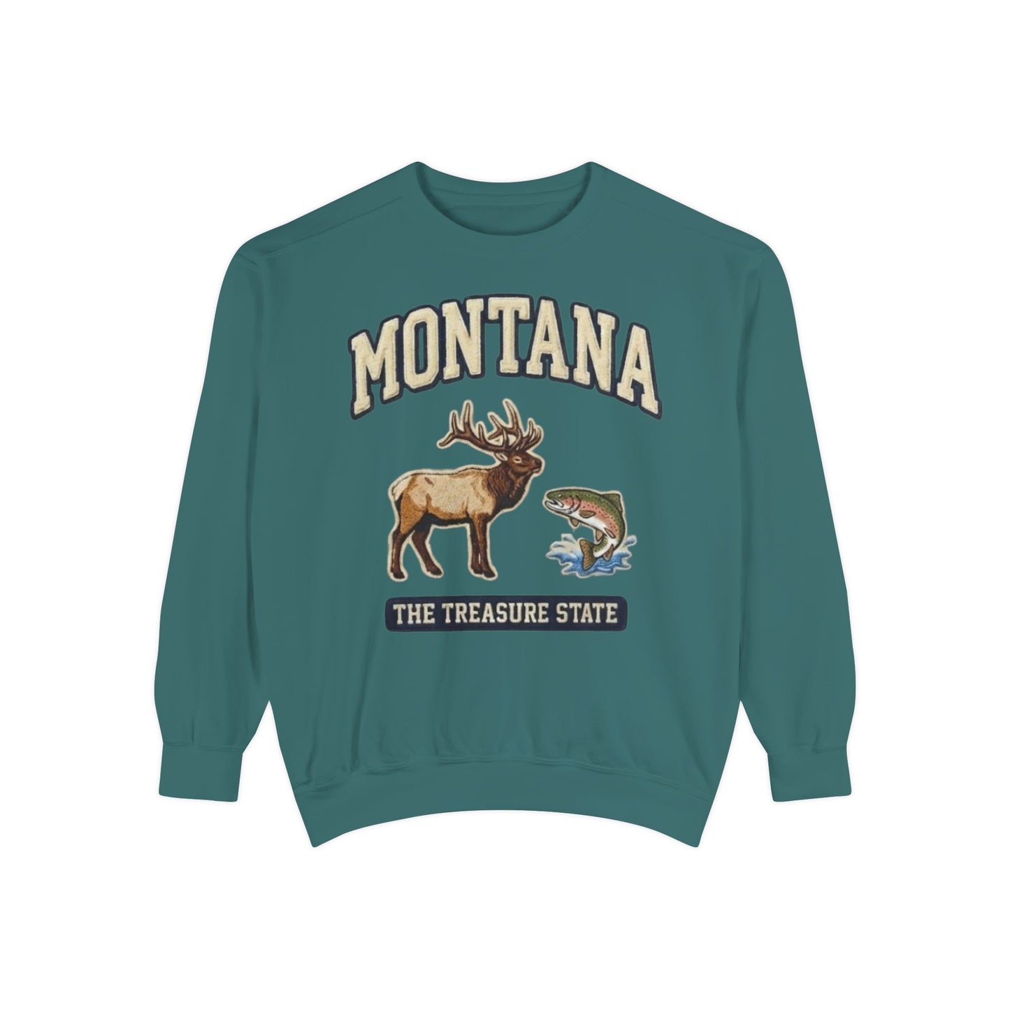 Vintage inspired elk and trout wildlife graphic on Montana sweatshirt