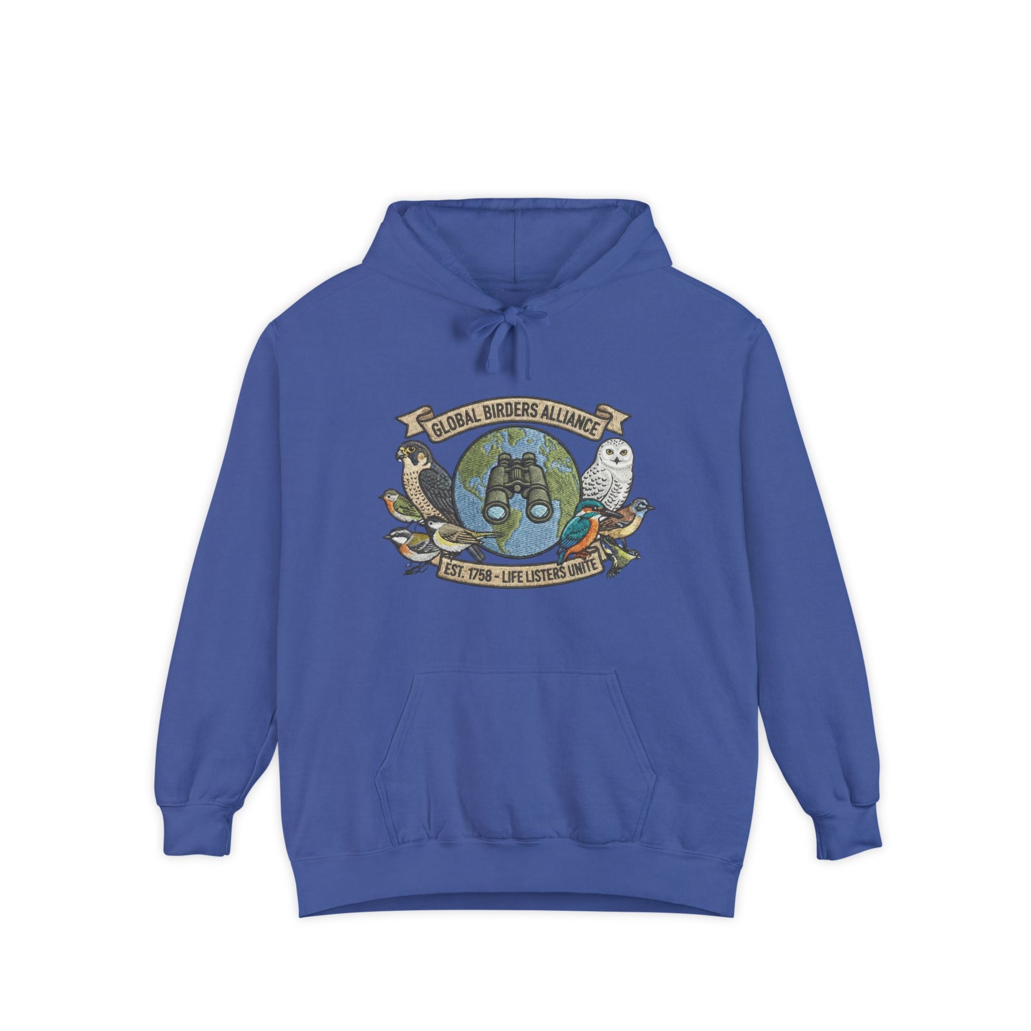 Royal blue bird watcher sweatshirt with Global Birders Alliance owl logo
