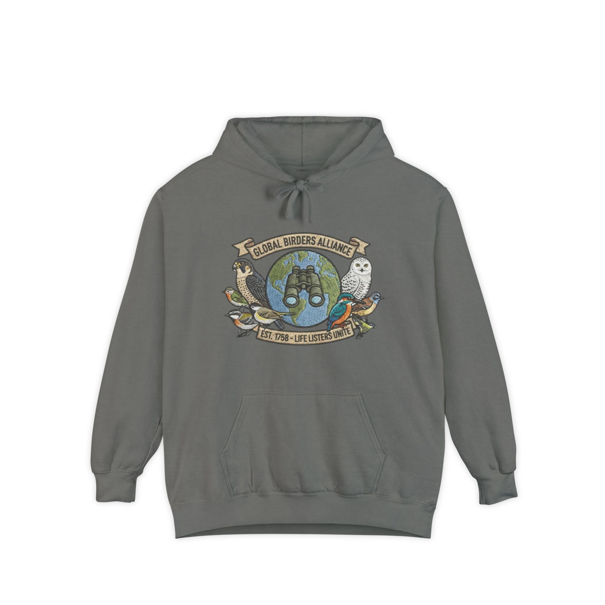 Charcoal gray bird watcher sweatshirt with owl and earth design