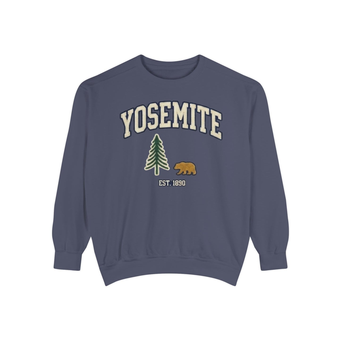 Yosemite National Park navy crewneck sweatshirt with bear and pine graphic
