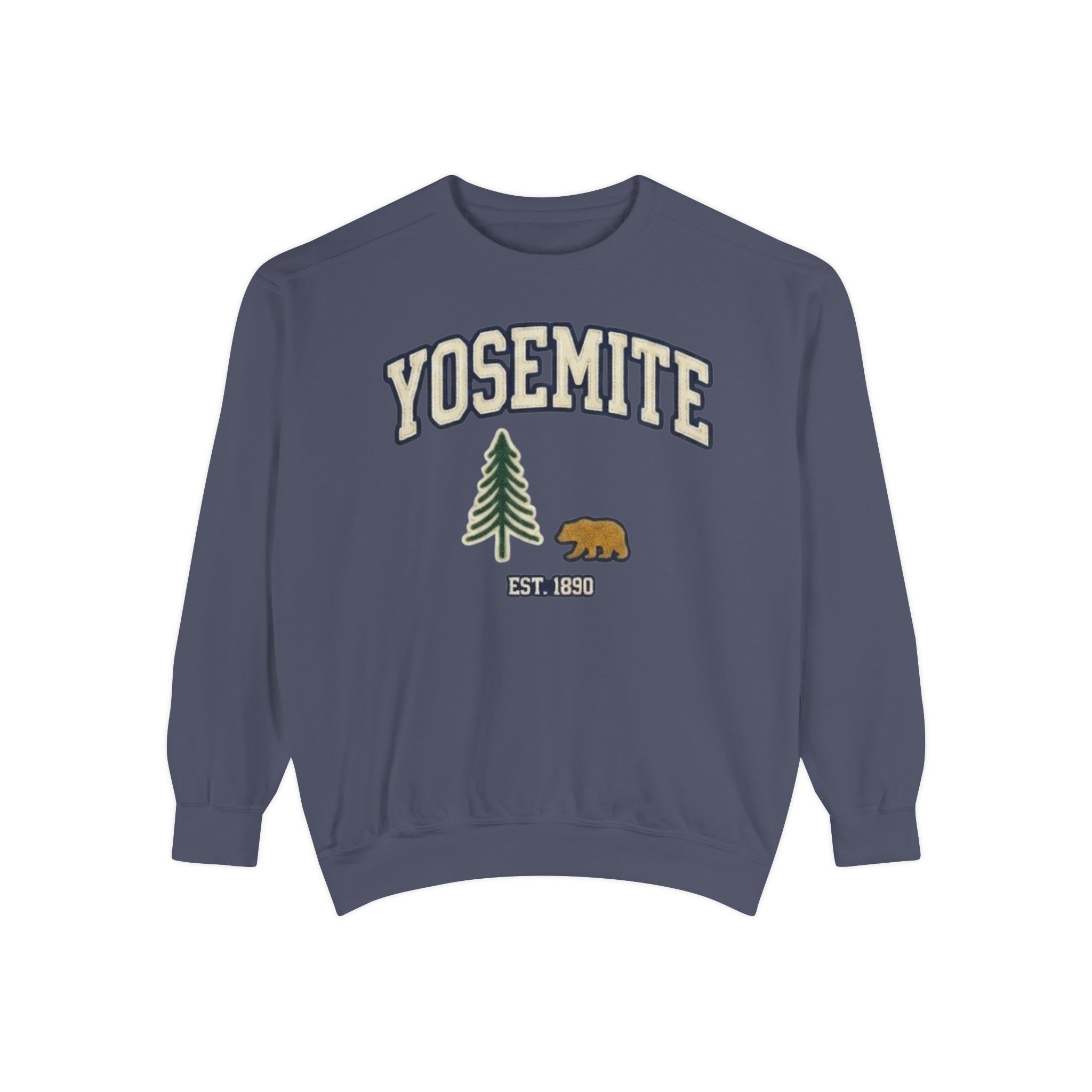 Yosemite National Park navy crewneck sweatshirt with bear and pine graphic