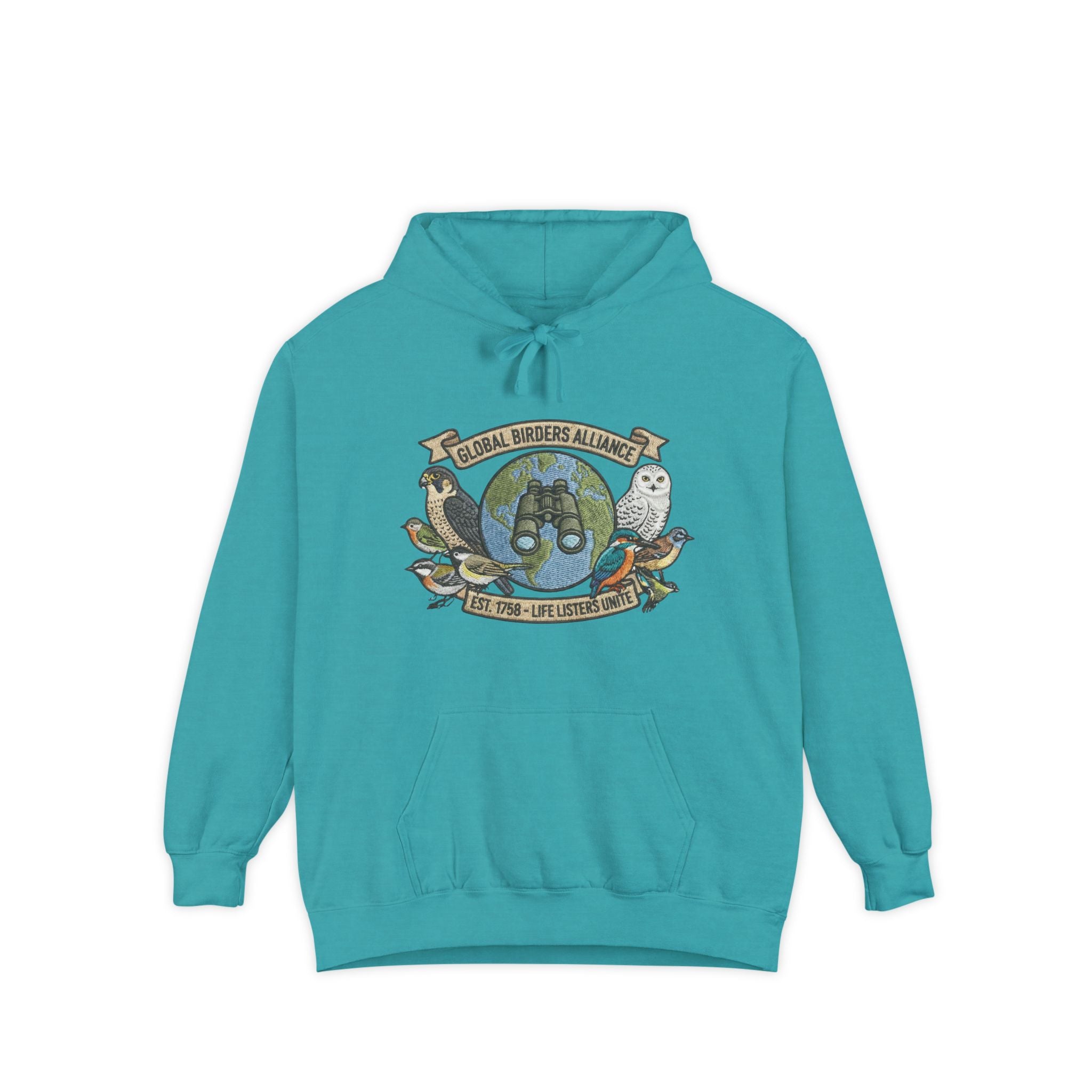 Teal bird watcher sweatshirt with Global Birders Alliance owl logo
