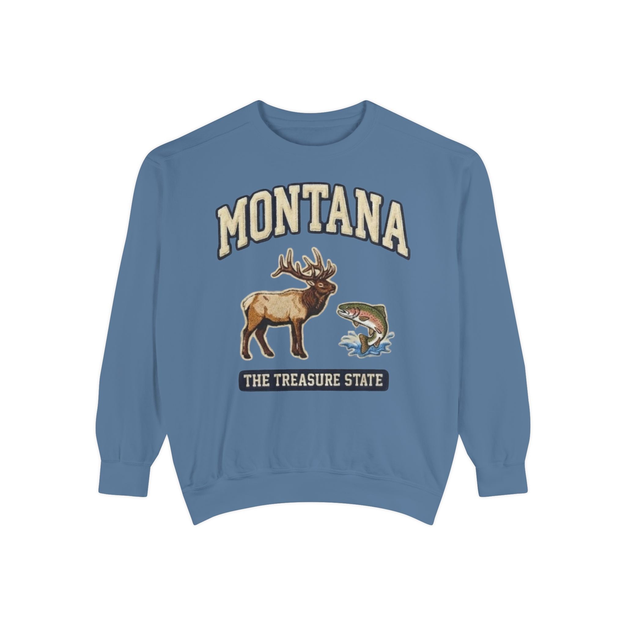Vintage inspired elk and trout wildlife graphic on Montana sweatshirt