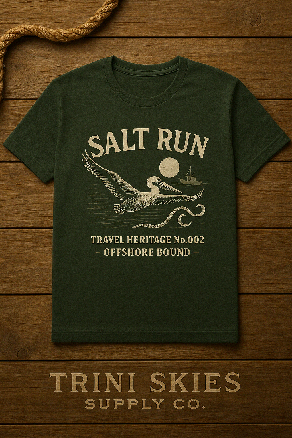 Salt Run Offshore Fishing Shirt Vintage Pelican Graphic Tee Trini Skies Travel Heritage Series