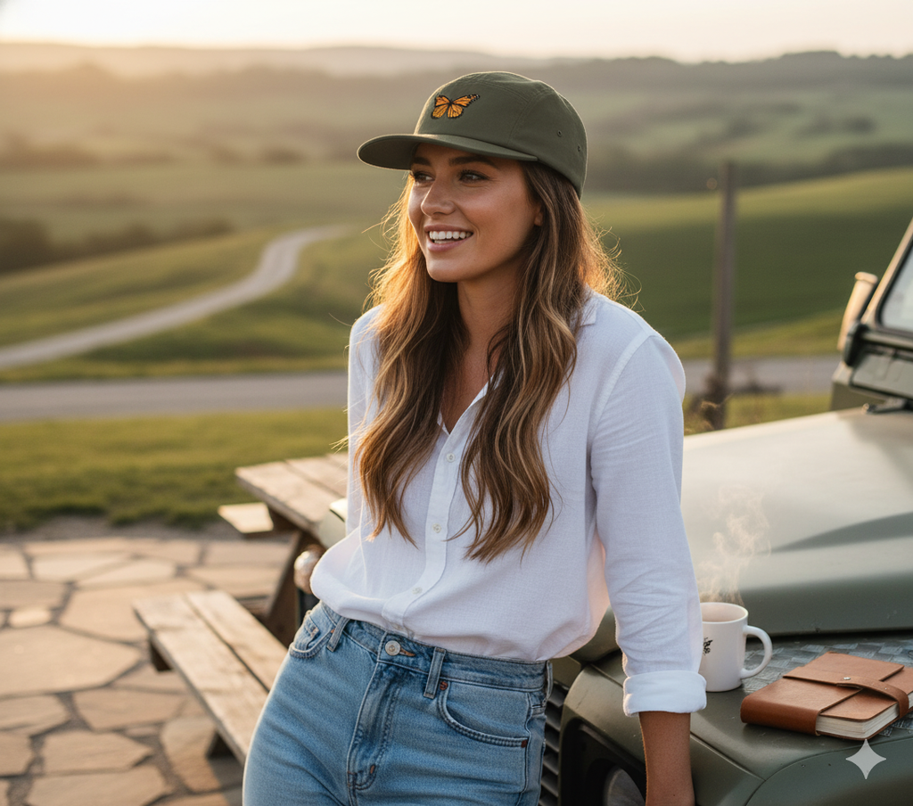 Olive green monarch butterfly camp hat with yellow logo