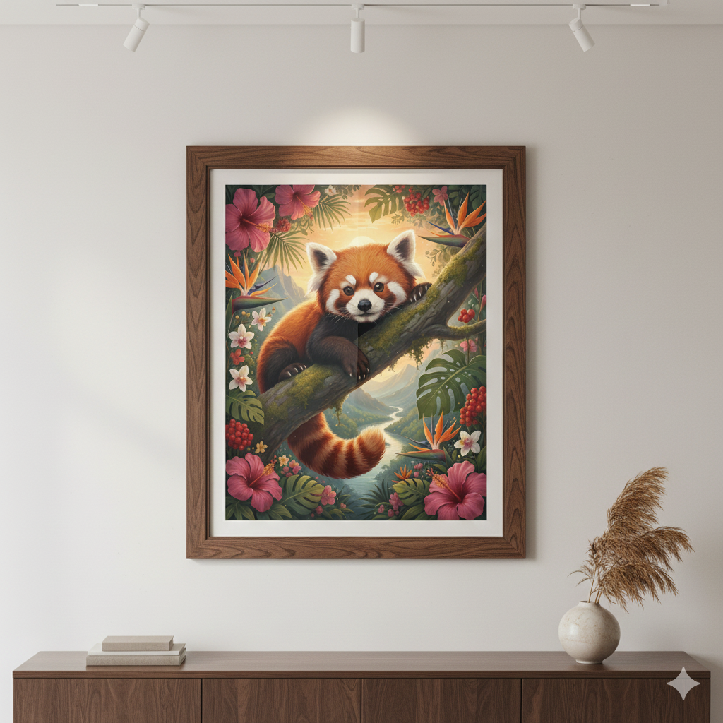 Red Panda Botanical Art Print – Vintage-Inspired Wildlife Wall Art | Tropical Forest Illustration