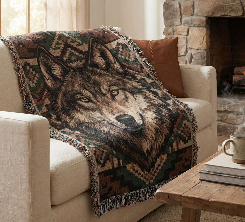 Wolf Woven Cotton Blanket – Wildlife Lodge Throw Nature Lover Gifts