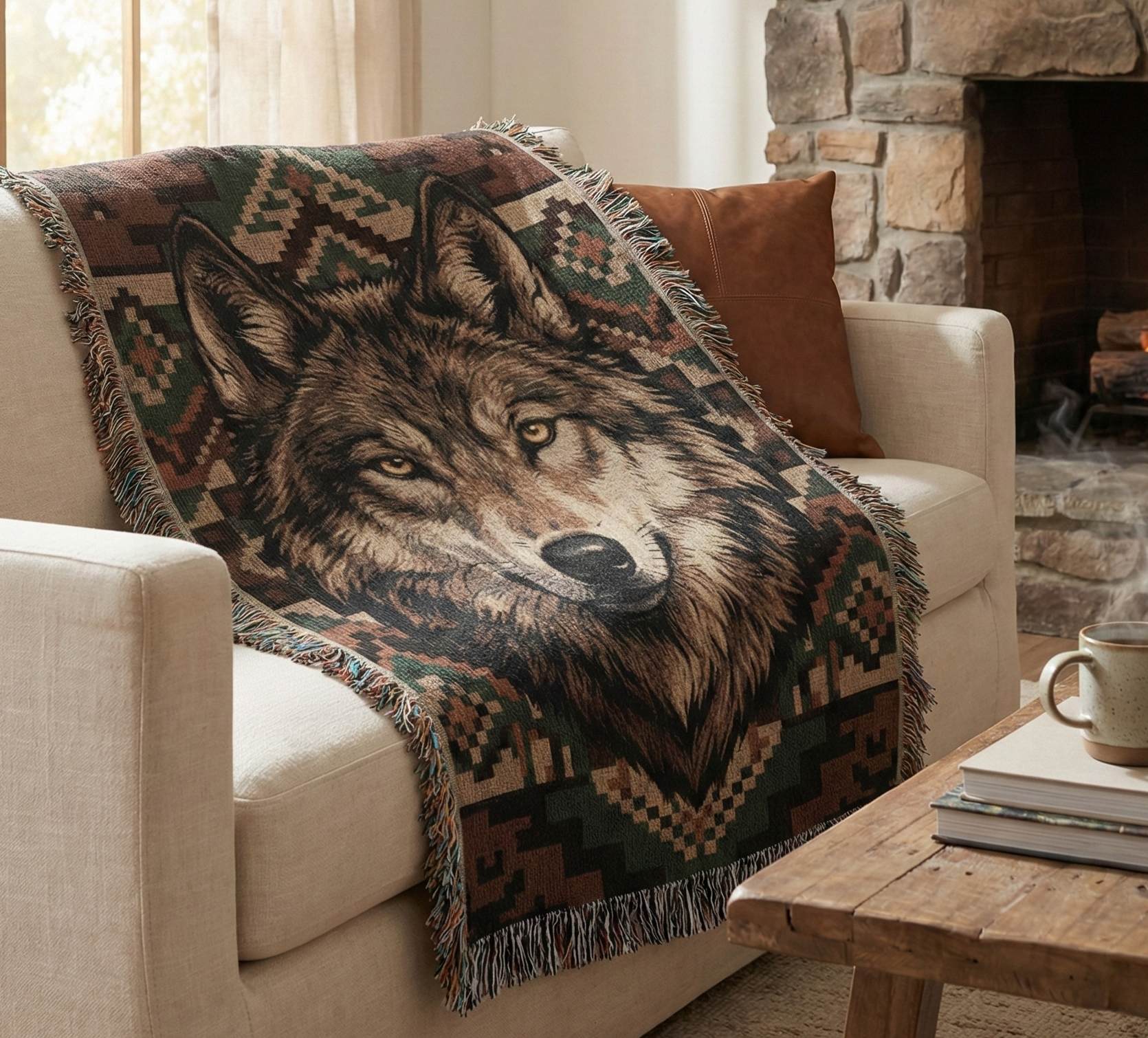 Wolf Woven Cotton Blanket – Wildlife Lodge Throw Nature Lover Gifts