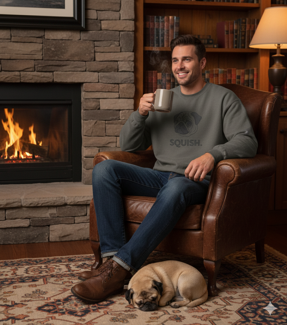 Pug Squish crewneck sweatshirt on brown leather armchair