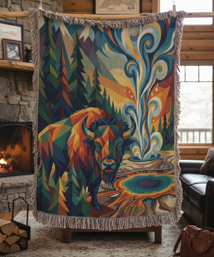 Yellowstone Bison – Geometric Woven Cotton Blanket Wildlife and Nature Gift