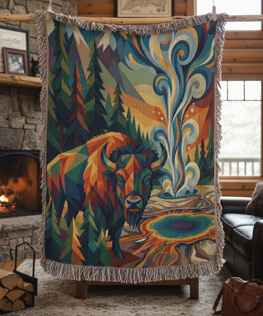 Yellowstone Bison – Geometric Woven Cotton Blanket Wildlife and Nature Gift