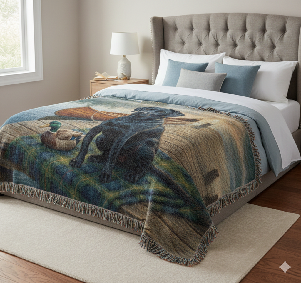 Black Lab by the Dock –  Labrador Retrievers Woven Cotton Heritage Blanket Pet Lovers Gift