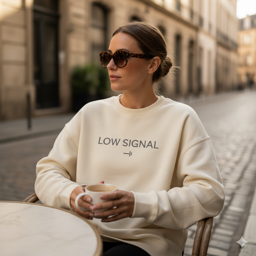 Low Signal Embroidered Cream Sweatshirt with Logo and Sunglasses